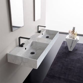Marble Design Ceramic Wall Mounted or Vessel Double Sink With Counter Space Scarabeo 5116-F